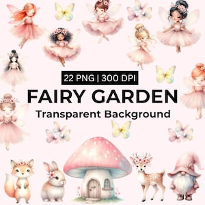 Clipart de jardín de hadas en acuarela, clipart de princesa hada rosa, PNG de bosque encantado, clipart de guardería de hadas mágicas, lindos animales del bosque