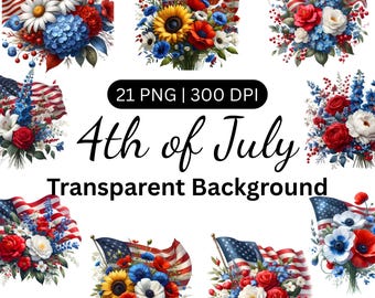 21 Patriotic Bouquet Clipart, 4th of July Clipart, American Art, Flower USA Flag Clipart, Independence Day, Printable Watercolor, Papercraft