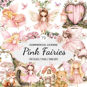 Puede incluir: Una colección de arte digital con ilustraciones en acuarela de hadas rosas, mariposas, flores y elementos caprichosos. El texto dice "Pink Fairies" con "79 Commercial License" y "79 FILES / PNG / 300 DPI".