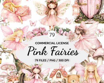 Aquarell Feengarten Clipart, Rosa Feen Clipart, Magischer Garten Clipart, Niedliche Natur Feen Wald, Geburtstag Bundle, Rosa Märchen