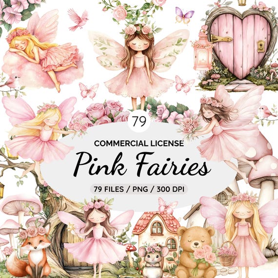 Watercolor Fairy Garden Clipart, Pink Fairies Clipart, Magical Garden Clipart, Cute nature fairies Forest, Birthday Bundle, Pink Fairytale