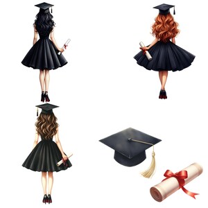 May include: Illustration of three graduates in black dresses and mortarboards, holding diplomas. A mortarboard and a rolled diploma with a red ribbon are also shown. The graduates have different hair colors: black, red, and brown.