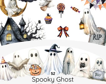 Paquete de imágenes prediseñadas de fantasmas de Halloween en acuarela, fantasma gótico de Halloween PNG, imágenes prediseñadas de fantasmas espeluznantes lindos, imágenes prediseñadas de Halloween, otoño PNG, fantasma de otoño PNG
