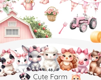 Pink Farm Clipart, Cute Farm Clipart, Watercolor Farm Animals Clipart, Nursery Clipart, Baby Shower, Barn, Cow, Tractor, Horse, Birthday