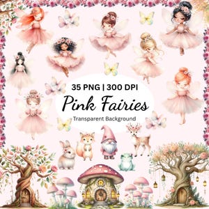 Clipart de jardín de hadas en acuarela, clipart de princesa hada rosa, PNG de bosque encantado, clipart de guardería de hadas mágicas, lindos animales del bosque