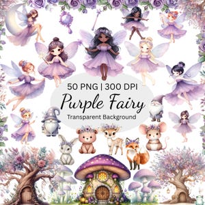 Watercolor Fairy Garden Clipart, Magical Garden Purple Fairy Clipart, Magical Fairy Nusery Clipart, Purple Fairy Princess Clipart Fairytale