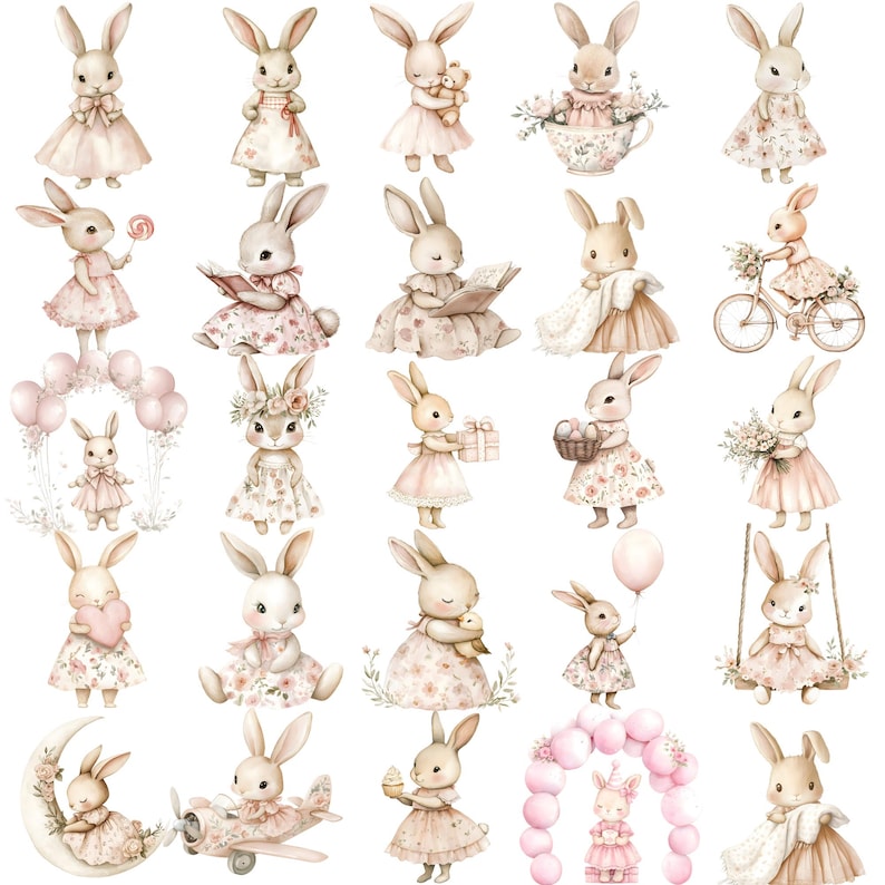 K&ouml;nnte beinhalten: Eine Sammlung von Aquarellillustrationen mit entz&uuml;ckenden Hasen in verschiedenen Posen. Die Hasen tragen pastellfarbene Kleider und Outfits, einige halten Ballons, Geschenke oder Blumen. Das Gesamtthema ist sanft und skurril, perfekt f&uuml;r Ostern oder Fr&uuml;hlingsbastelarbeiten.