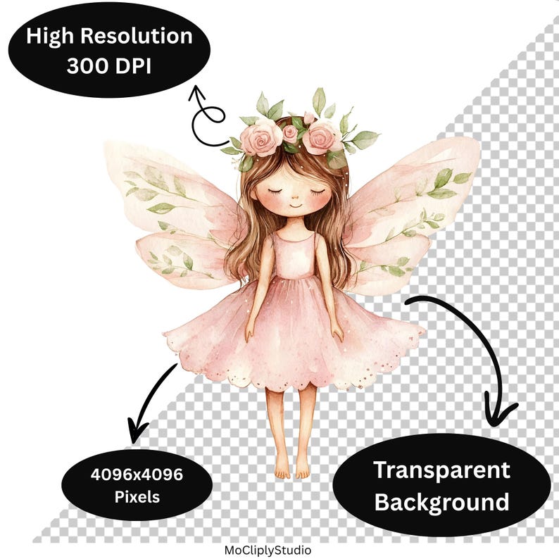 May include: Watercolor illustration of a fairy with closed eyes, wearing a pink dress and flower crown. The fairy has large, detailed wings with a soft pink and green color palette. The image is high resolution with a transparent background.