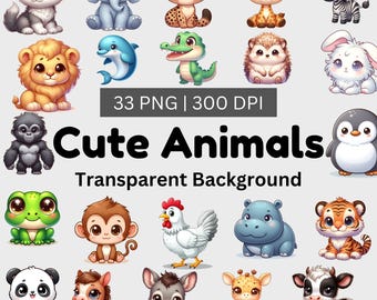 Akvarell söta djur clipart, 33 djurungar clipart paket, utskrivbara djur, söt barnrumskonst, transparent bakgrund, kommersiellt bruk