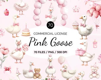 Pink Silly Goose Clipart, Watercolor Girly Goose Clipart, Cute Goose Clipart, Silly Goose Baby Shower Clipart, Whimsical Nursery Art, Geese