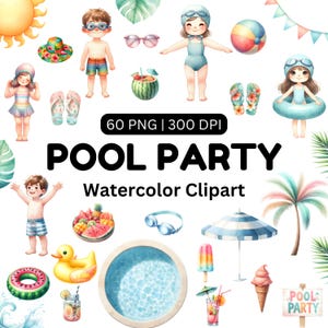 Clipart de fiesta en la piscina, clipart de acuarela de verano para niños, guardería junto a la piscina, flotadores de helados y cócteles, accesorios de playa, uso comercial