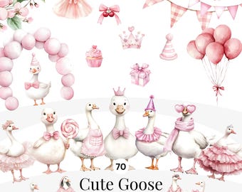 Aquarell Girly Gans Clipart, Alberne Rosa Gans Clipart, wunderliche Rosa Gans PNG, Kokette Kinderzimmerdekor, Babyparty, Baby-Mädchen-Geburtstag