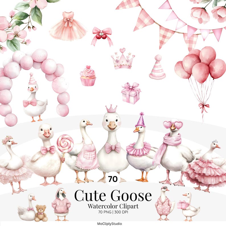 Watercolor Girly Goose Clipart, Pink Silly Goose Clipart, Whimsical ...