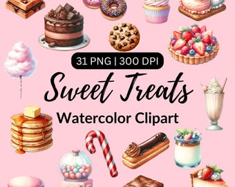 Watercolor Sweet Treats Clipart Bundle, Birthday Sweets Clipart, Cupcakes Ice cream Cotton Candy Donuts Cookie Lollipop, Transparent PNG