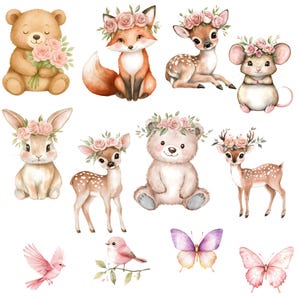 May include: Watercolor illustrations of woodland animals and butterflies. The collection includes a bear holding flowers, a fox, deer, a mouse, a rabbit, and birds, all adorned with floral crowns. Butterflies in shades of purple and pink are also featured.