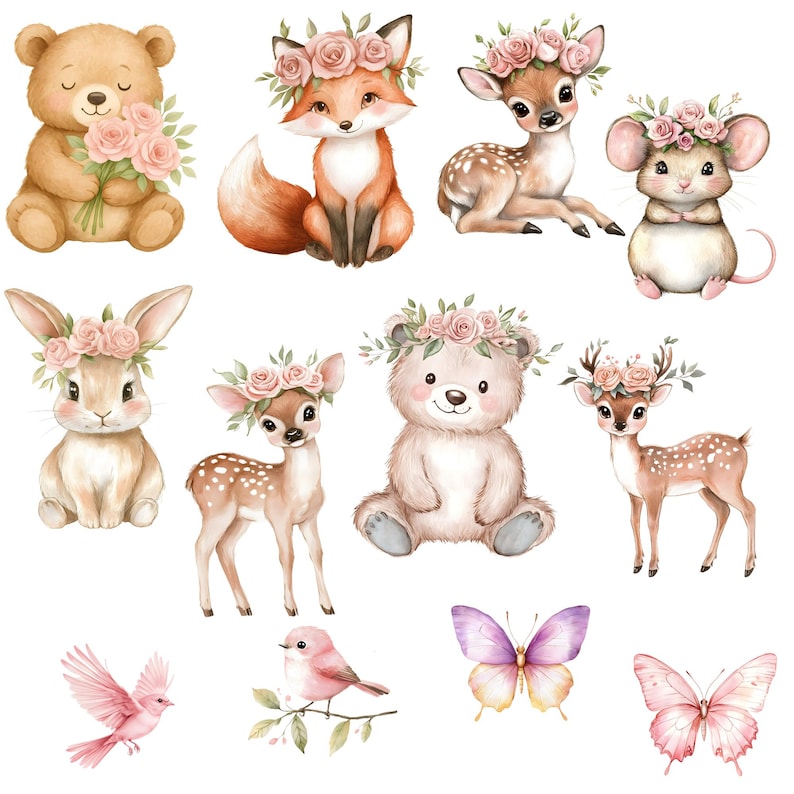 May include: Watercolor illustrations of woodland animals and butterflies. The collection includes a bear holding flowers, a fox, deer, a mouse, a rabbit, and birds, all adorned with floral crowns. Butterflies in shades of purple and pink are also featured.