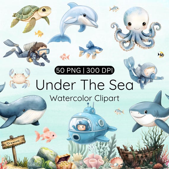 Watercolor Under the Sea Clipart, Ocean Sea Life PNG, Undersea Clipart, Cute Marine Animals, Whale, Shark, Dolphin, Coral, Boat, Nursery Art