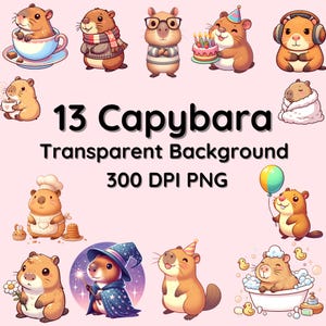 かわいいカピバラのクリップアート、13 枚の愛らしいカピバラの 300 DPI PNG 画像、透明な背景、DIY プロジェクトに最適、商用利用