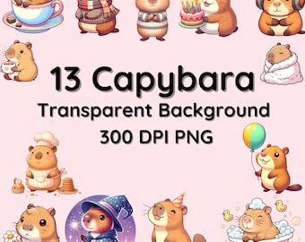 Capivara fofa clipart, 13 adoráveis imagens PNG de capivara 300 DPI, fundo transparente, perfeito para projetos DIY, uso comercial
