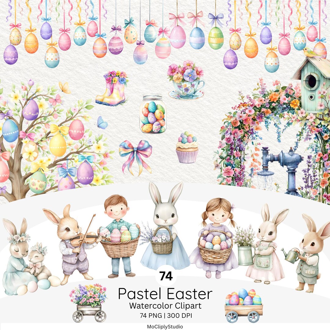 Pastel Easter Clipart, Watercolor Bunny Png, Easter Eggs, Spring Floral ...