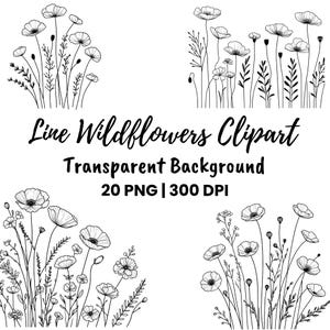 20 wilde bloemen clipartbundel, zwart-wit bloemdessintekeningen, afdrukbare aquarel clipart, bloemenweide, bloemboeket, png