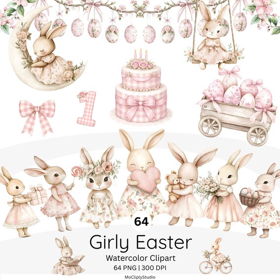 Girly Easter Png, Cute Pink Bunny Clipart, Ballerina Rabbit, Baby Shower, Watercolor, Nursery PNG, Girl Birthday, 64 Transparent Png
