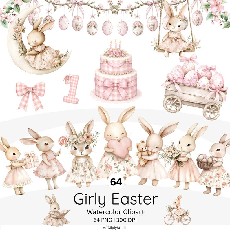 K&ouml;nnte beinhalten: Aquarell-Cliparts mit Hasen, einem zweist&ouml;ckigen Kuchen, Ostereiern und einem Wagen. Das Bild enth&auml;lt eine Schleife, die Zahl eins und den Text "Girly Easter".