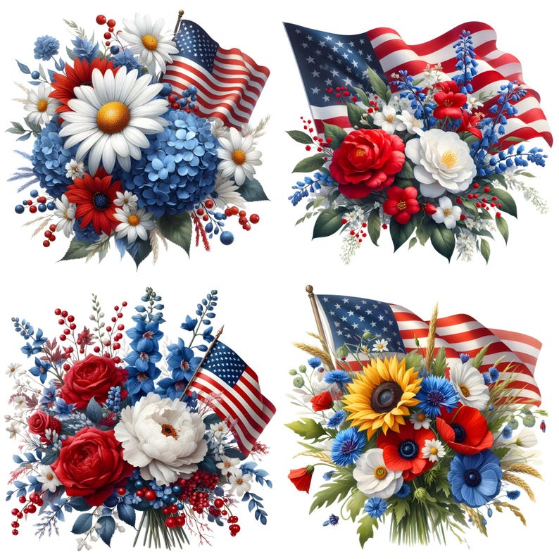 21 Patriotic Bouquet Clipart, 4th of July Clipart, American Art, Flower ...