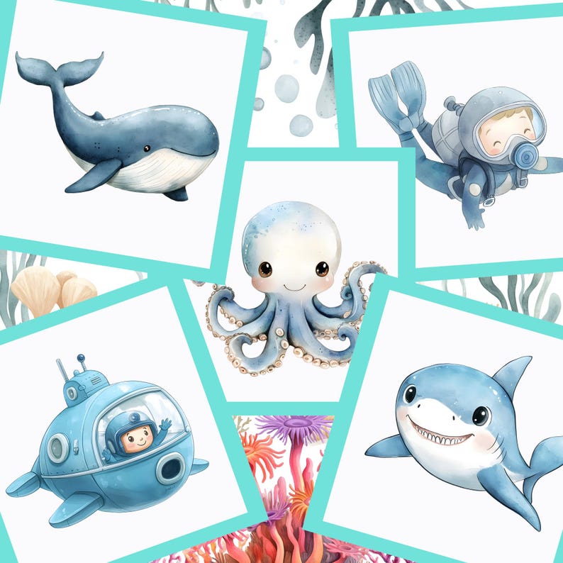 May include: Watercolor illustration featuring a whale, octopus, diver, submarine, and shark. The sea creatures are in a collage with a white background and teal borders. The style is whimsical and child-friendly.