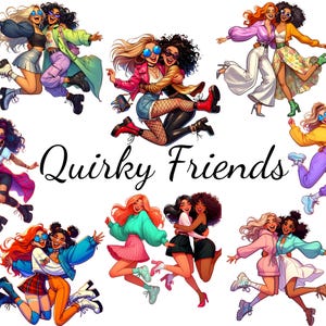 15 imágenes de amigas peculiares, imágenes divertidas de mejores amigas, ilustraciones de chicas abrazándose, arte femenino de moda con estilo, chicas peculiares, PNG transparente