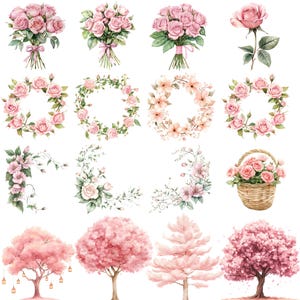 May include: Watercolor illustrations of pink roses and floral arrangements. The image includes bouquets, wreaths, and corner designs, along with a basket of roses and several pink trees. The flowers are in various shades of pink and green.