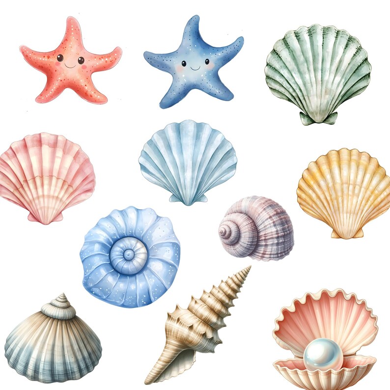 May include: Watercolor illustration of various seashells and starfish in shades of pink, blue, green, and tan. The starfish have smiling faces. The shells vary in shape and texture, with a pearl in an open shell.