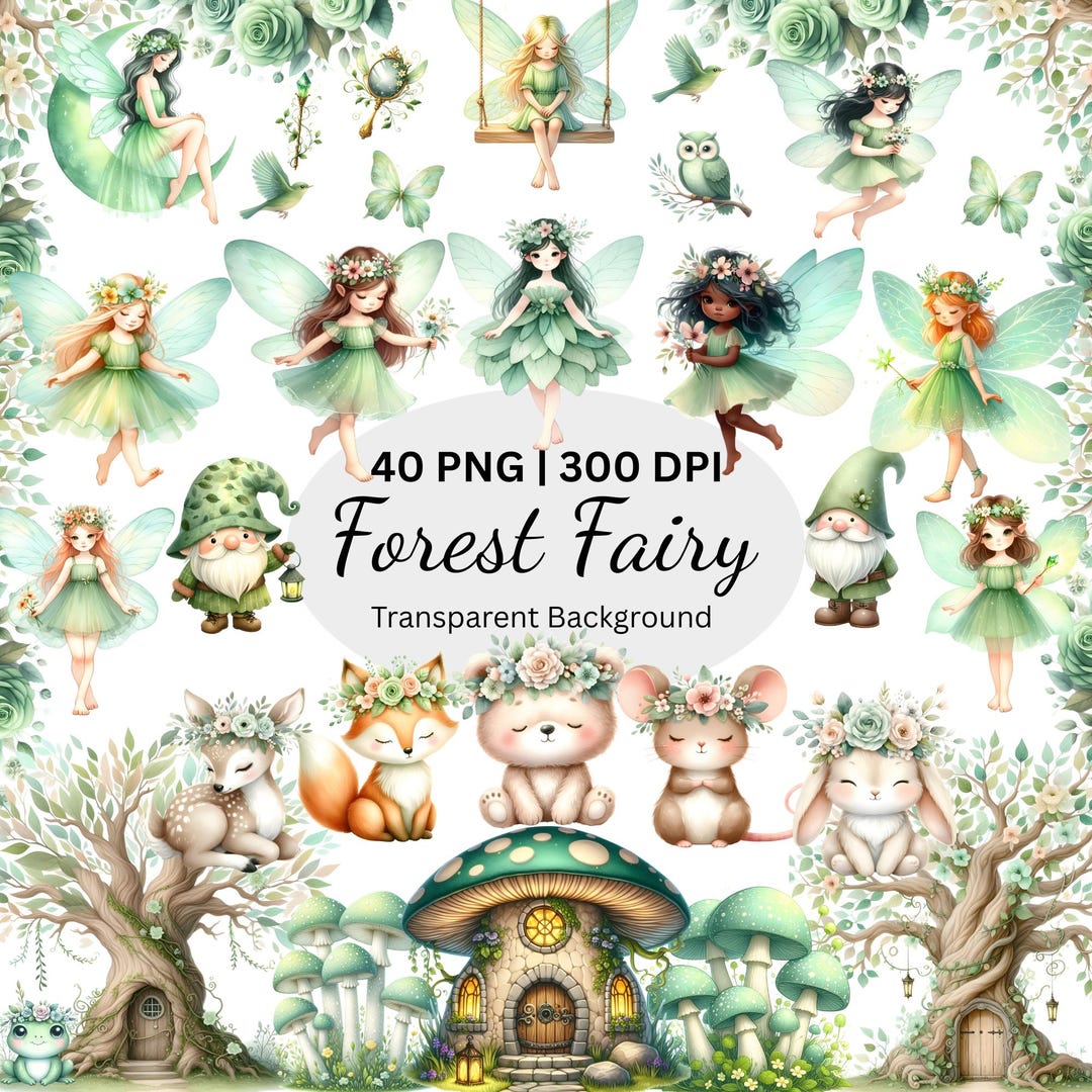 Forest Fairy Clipart, Green Fairies Clipart, Watercolor Magical Garden ...