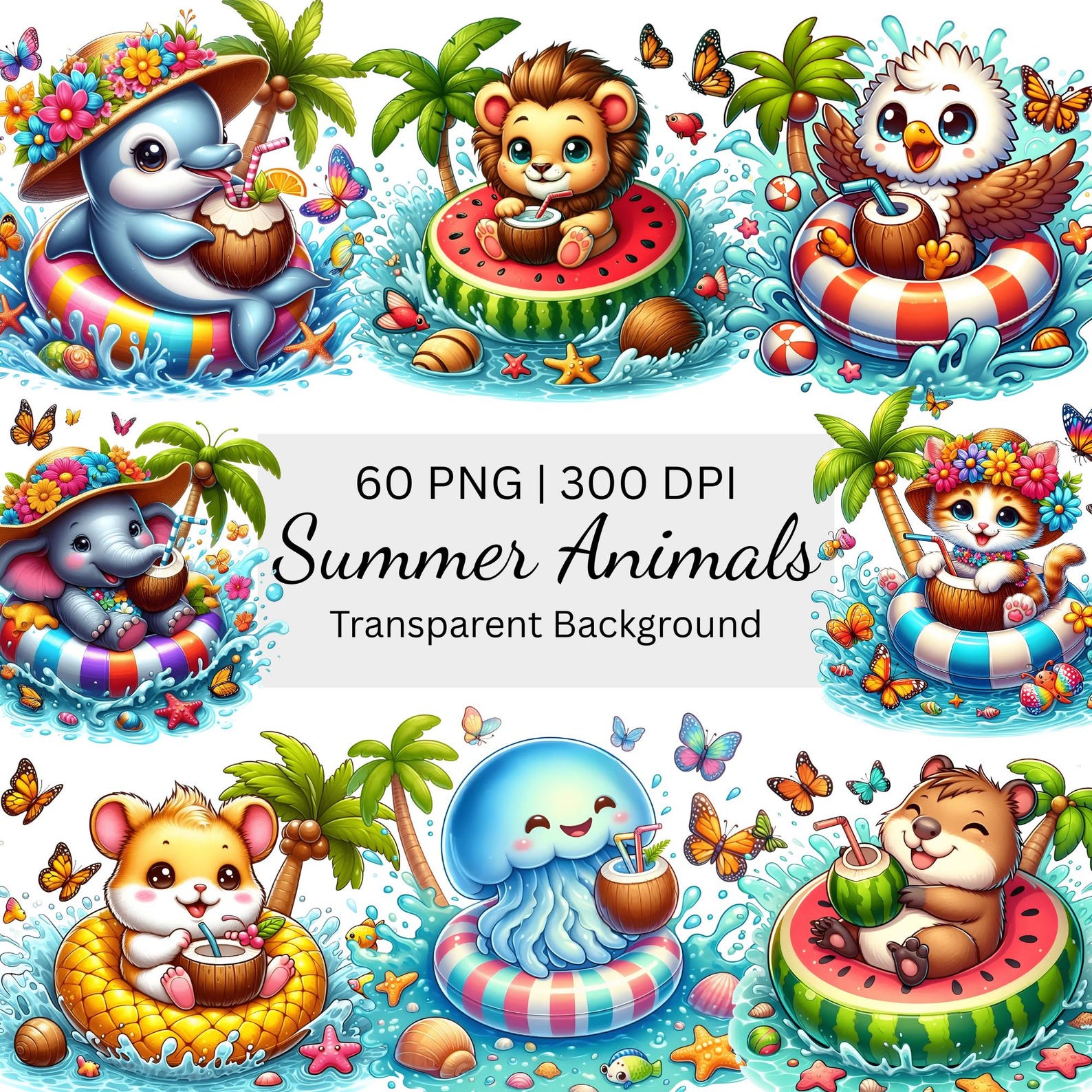 Summer Animals Clipart, Cute Beach Animals PNG, Ocean Nursery Clipart ...