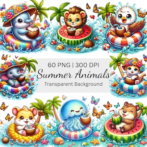 Sommer Tiere Clipart, süße Strand Tiere PNG, Ocean Kindergarten Clipart, Meerestiere Clipart, Baby Tiere, Urlaub Clipart, Sommer Clipart