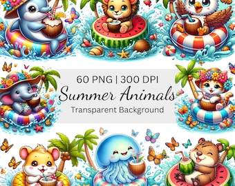 Summer Animals Clipart, Cute Beach Animals PNG, Ocean Nursery Clipart, Sea Animals Clipart, Baby Animals, Vacation Clipart, Summer clipart