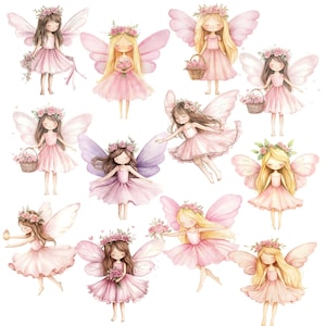 May include: Watercolor illustration of multiple fairies with pink wings, dresses, and floral crowns. Some fairies hold flowers or baskets. The fairies have varying hair colors, including blonde and brown. The overall theme is whimsical and fairytale-like.