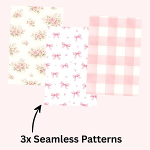 K&ouml;nnte beinhalten: Drei nahtlose Muster in Pastellfarben. Eines zeigt rosa Rosen auf cremefarbenem Hintergrund, ein anderes rosa Schleifen und Herzen auf Wei&szlig;, und das dritte ist ein rosa-wei&szlig;es Vichy-Karo. Der Text unten lautet "3x Seamless Patterns."