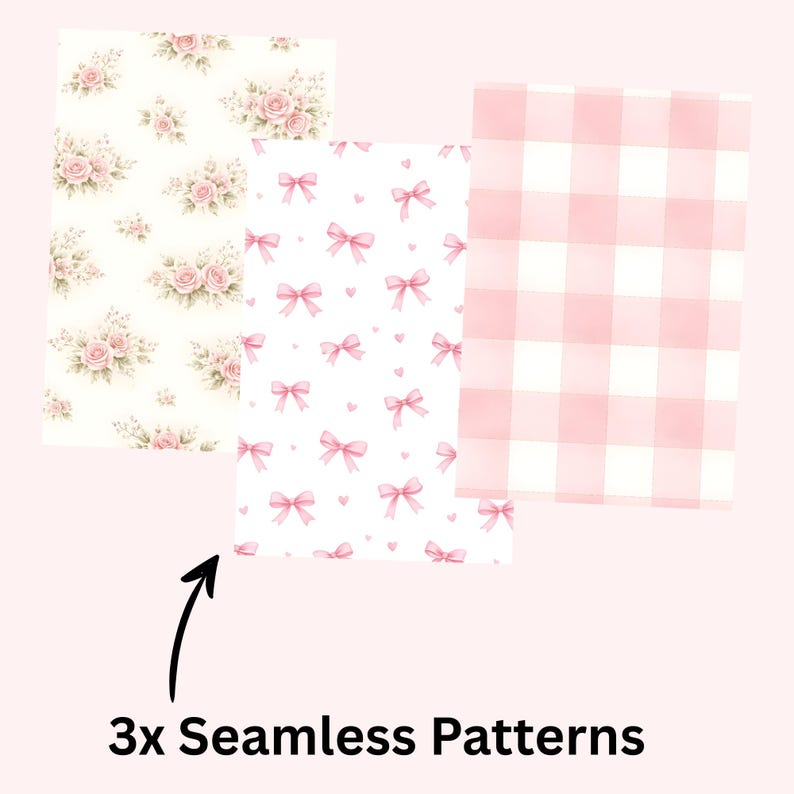 K&ouml;nnte beinhalten: Drei nahtlose Muster in Pastellfarben. Eines zeigt rosa Rosen auf cremefarbenem Hintergrund, ein anderes rosa Schleifen und Herzen auf Wei&szlig;, und das dritte ist ein rosa-wei&szlig;es Vichy-Karo. Der Text unten lautet "3x Seamless Patterns."