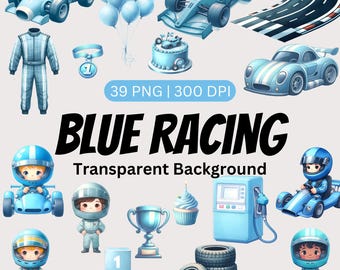 Watercolor Blue Racing Clipart Bundle, Race Car Clipart, Blue Race Car Birthday, Baby Shower Clipart, Race car driver png, Vintage Racing