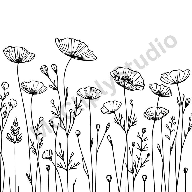 20 Wildflower Clipart Bundle, Black and White Floral Design Drawings ...