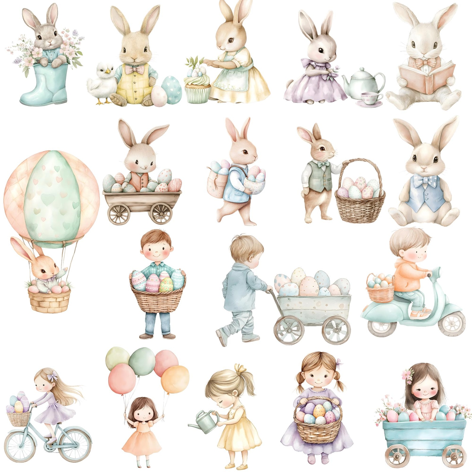 Pastel Easter Clipart, Watercolor Bunny Png, Easter Eggs, Spring Floral ...