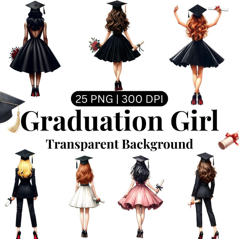 May include: A collection of illustrations featuring graduation girls in various outfits, including black dresses and suits, holding diplomas and bouquets. The text "Graduation Girl" and "Transparent Background" are also present.