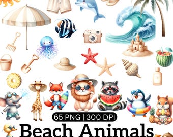 Cute Beach Animals Clipart, Watercolor Vacation Vibe Clipart, Baby Animals, Ocean Nursery Clipart, Summer Animals Clipart, Transparent PNG