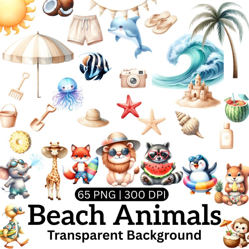 Cute Beach Animals Clipart, Watercolor Vacation Vibe Clipart, Baby ...