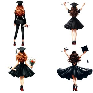 May include: Four illustrations of graduates in black attire, each with a graduation cap and diploma. The figures have long, wavy hair and are wearing black dresses or suits with red-soled heels. One figure holds a bouquet of flowers.