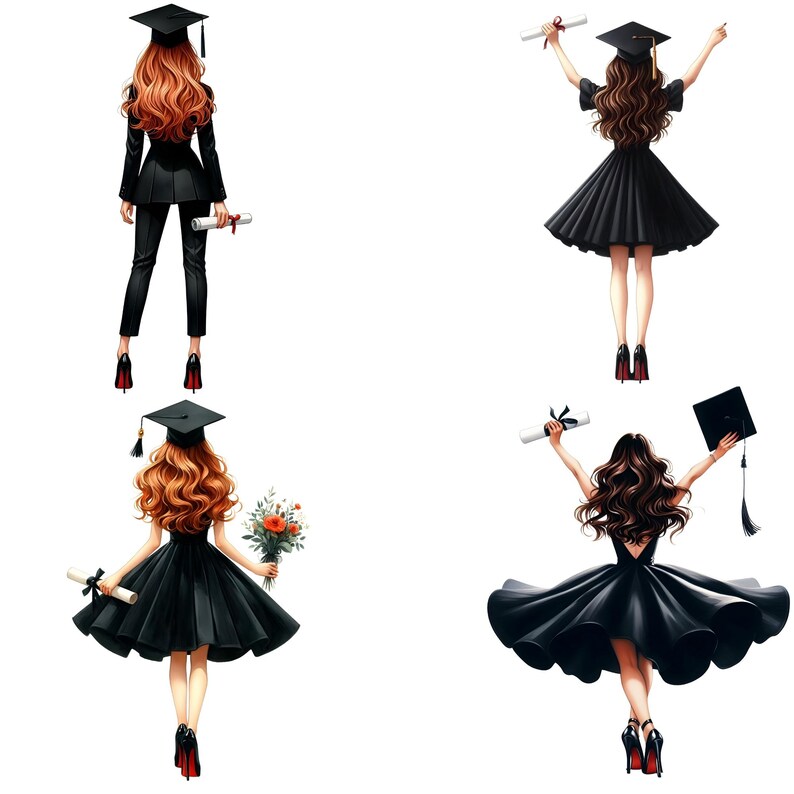 May include: Four illustrations of graduates in black attire, each with a graduation cap and diploma. The figures have long, wavy hair and are wearing black dresses or suits with red-soled heels. One figure holds a bouquet of flowers.