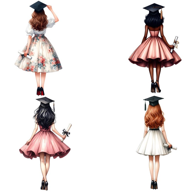May include: Four illustrations of graduates in caps and gowns, viewed from the back. Each figure is wearing a different dress, including floral, pink, and white designs. They are holding diplomas, and wearing black heels.