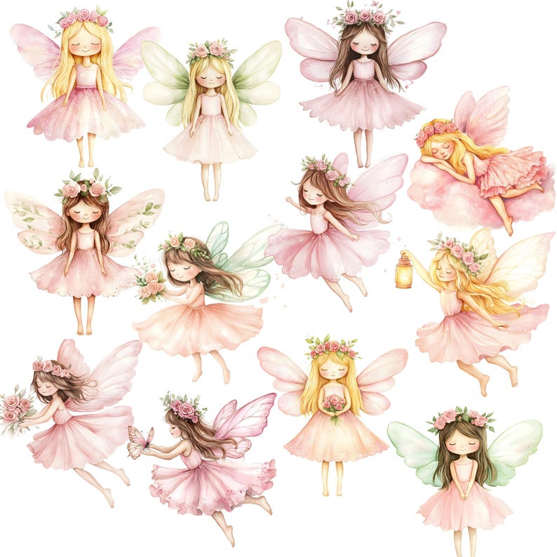May include: Watercolor illustration of multiple fairies with delicate wings, floral crowns, and flowing dresses in shades of pink, peach, and yellow. Some fairies hold flowers or a lantern, while others are depicted with a butterfly or resting on a cloud.