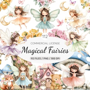 Watercolor Magical Garden Fairies Clipart, Fairy Garden Clipart, Cute nature fairies Forest, Birthday Bundle, Pink Fairytale, Fairyland Png